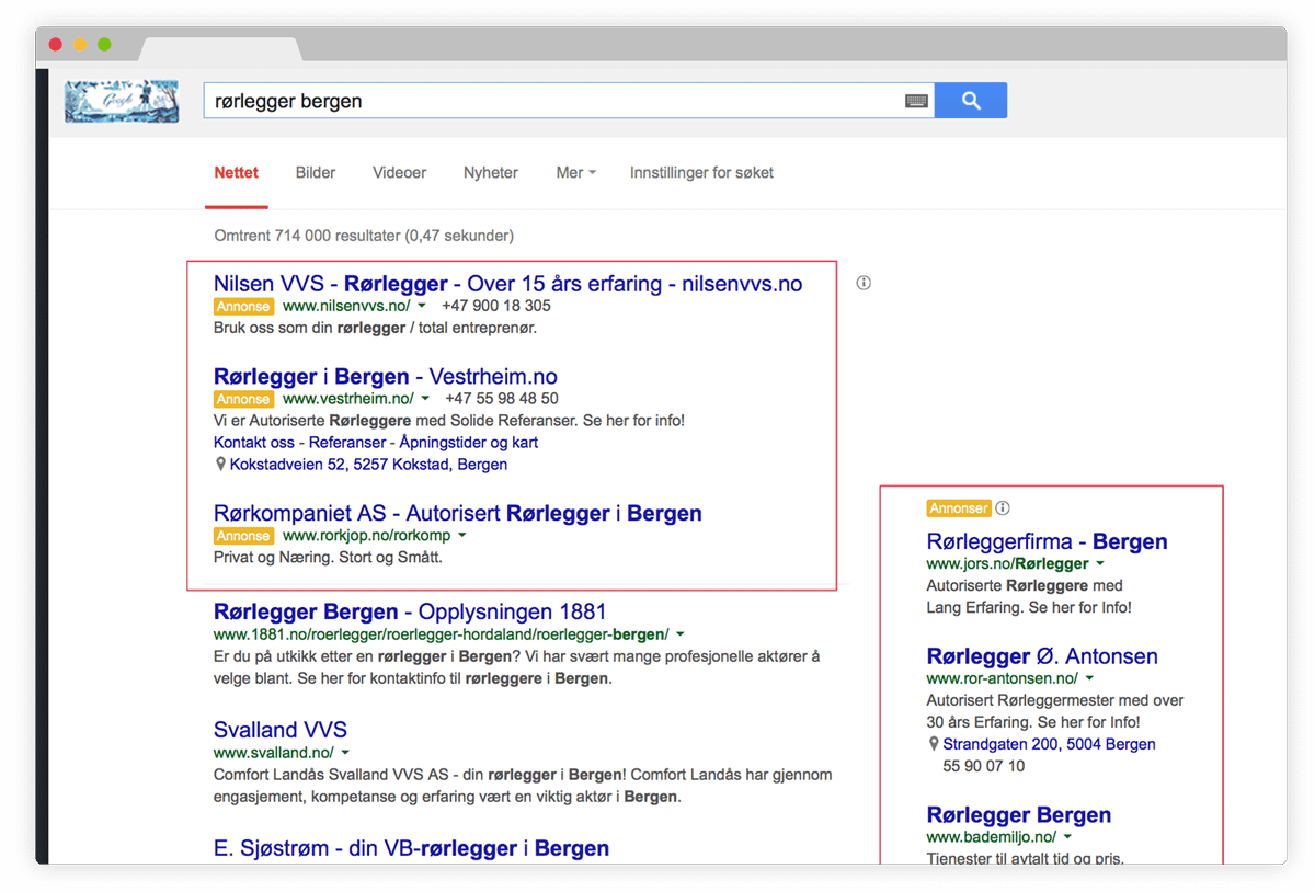 Eksempel på AdWords søk. Google Adwords gir kvalifisert trafikk til din hjemmeside. Du betaler kun for de som klikker inn på siden din