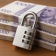 Bilde av en bunke penger og en hengelås som symboliserer kapitalbinding