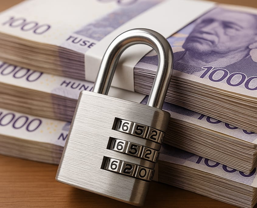 Bilde av en bunke penger og en hengelås som symboliserer kapitalbinding